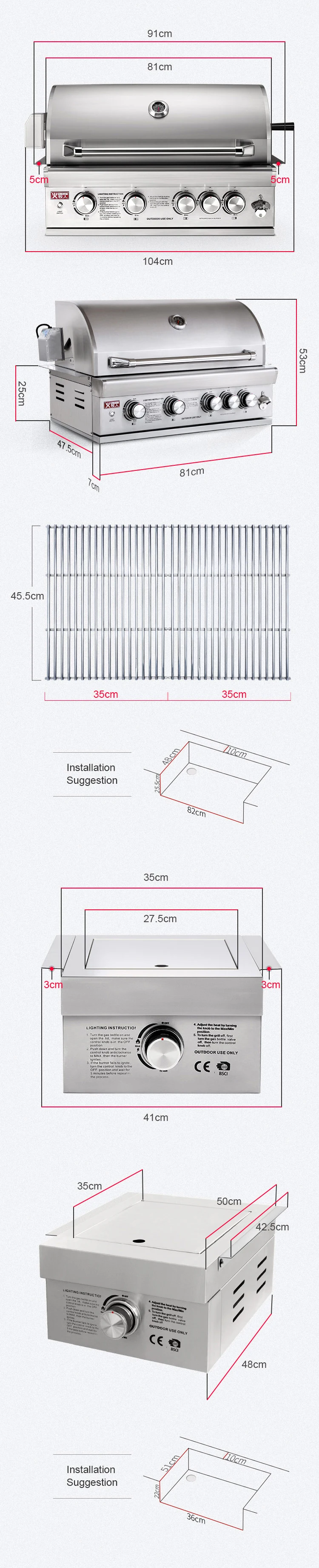 Premium 304 Stainless Steel Outdoor Grill Kitchen Builtin Tabletop Gas
