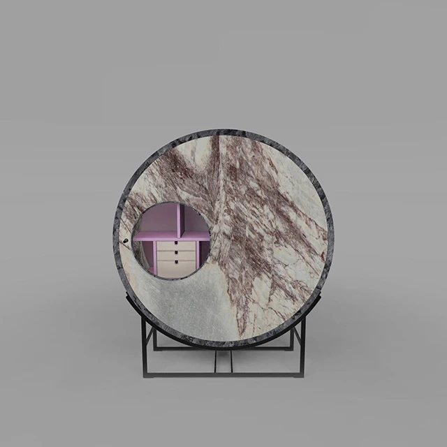 circular curved design wine storage cabinet curved design furniture 1mm chinese redbud natural ultra-thin marble veneer