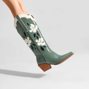 Handmade Green PU Leather Knee-High Western Cowgirl Boots for Women with Custom Floral Inlay Embroidered Pointed Toe for Winter