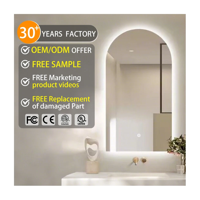 Modern Bath Mirrors Smart Arched LED Mirror 3-Color Light Anti-Fog Wall Makeup Bathroom Mirror with Led Light for Hotel