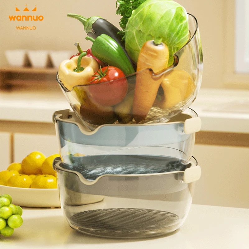 Wannuo 3 Layers Kitchen Fruit & Vegetable Wash Basket Large Capacity Vegetable & Fruit Drain Basket with Concave Drain