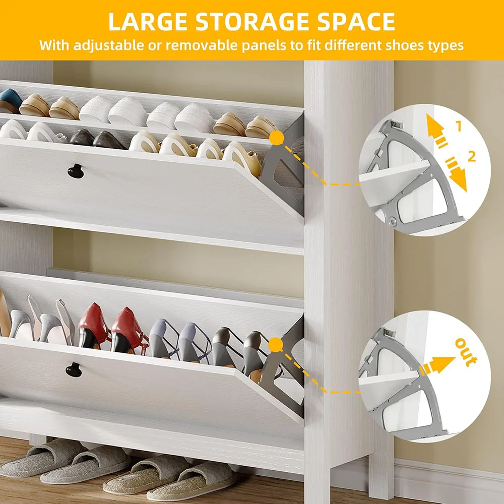 White Shoe Cabinet with 2 Flip Drawer,slim Shoe Storage Cabinet With Metal Flip Frame - Adjustable or Removable Hidden Shoe Rack details