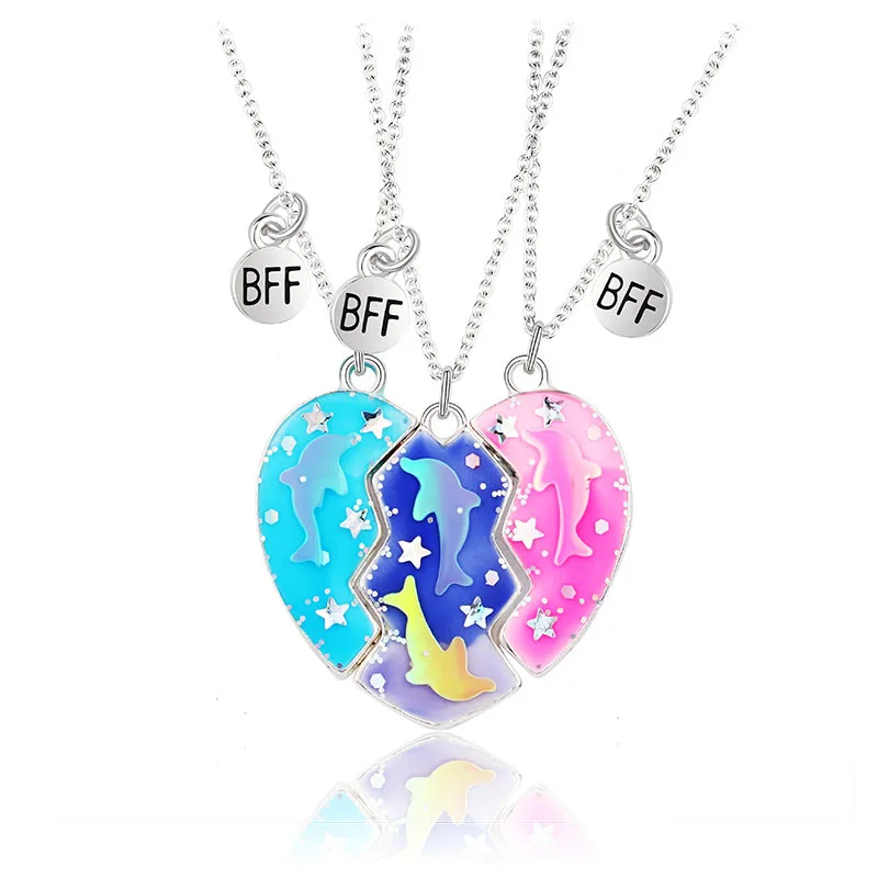 3pcs/set Hot Pink Blue Stitching Heart Broken Best Friends