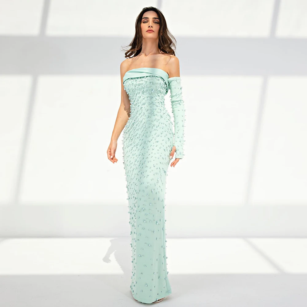mint green night dress Turquoise Mint Green Rhinestone Sparkly Mermaid Velvet Prom Evening Dress AL3018 Custom Size / Turquoise main image 1