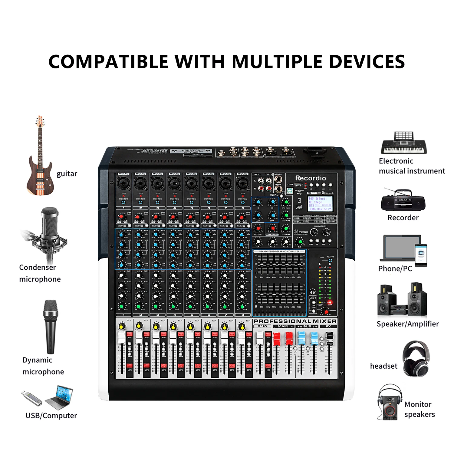 GAX-TFS12 Professional 12 Channel DJ Sound Mixer - Recordio
