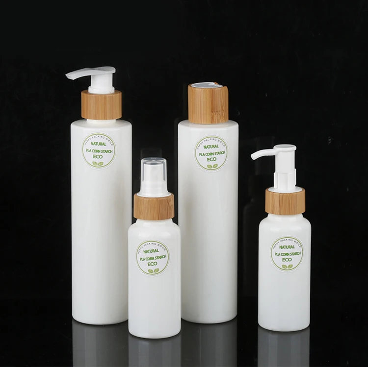 Natural 50ml 100ml PLA Material Polylactic Acid Biodegradable Lotion Bottle with Bamboo Cover for Shampoo
