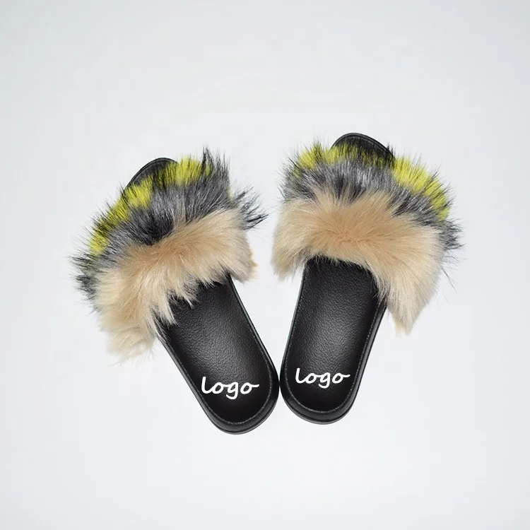 Sandalias con pelo de piel de mapache para mujer, chanclas