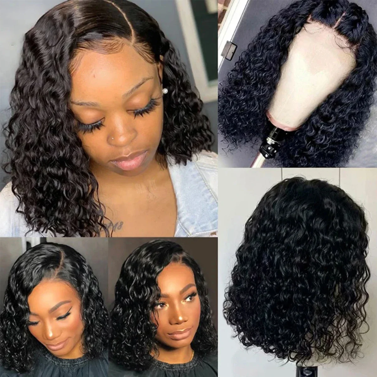 Deep Wave Bob Wig 180 Density T Part Lace Frontal Human Hair Peruvian Remy Curly Short Bob Wig_voghion.com