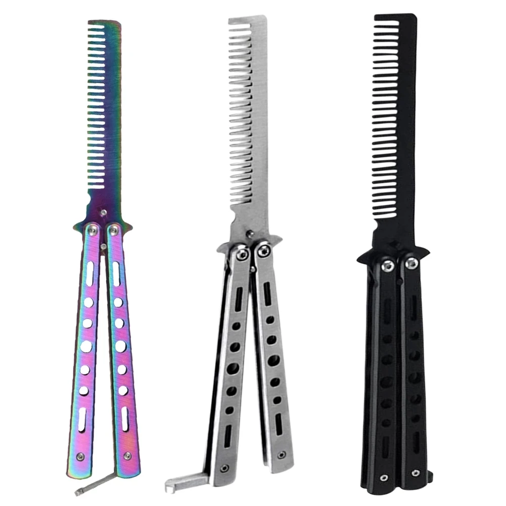 Foldable Steel Needle Comb Practice Butterfly Training Knife Comb Beard Moustache Brushes Salon Hairdressing Styling Tool