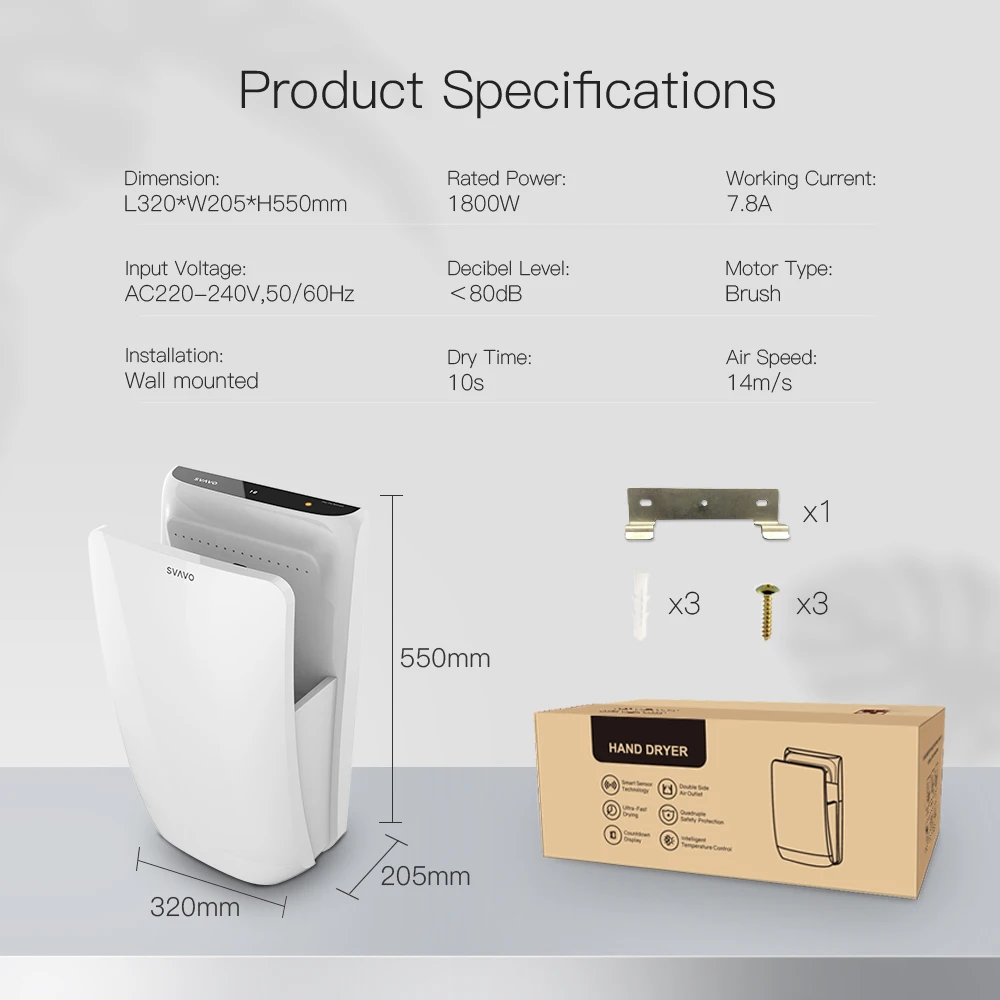 Plastic ABS Infrared Sensor Electric Hand Dryer with Tray Automatic Hand Air Blower for Bathroom Speed Hand Dryer