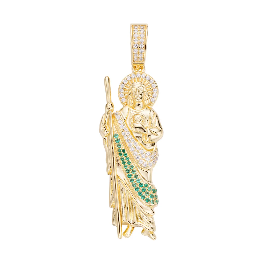 Jewelry Latest Design 14k Two Tones Gold 3d Puffy Saint Jude San Judas Pendant With Green Cz Stone