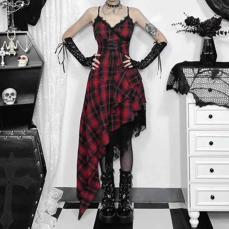 Gothic Women Dress Lace Trim High Waist Dress 2026 New E-girl Vintage Punk Harajuku Lolita Party Clothes Gothic Women Dress Lace Trim High Waist Dress 2026 New E-girl Vintage Punk Harajuku Lolita Party Clothes
