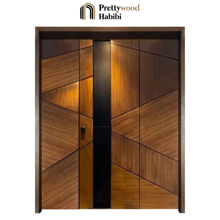 Prettywood Residential One And Half Geometric Design Modern Villa Waterproof Solid Wooden Exterior Front Entry Door For Houses factory