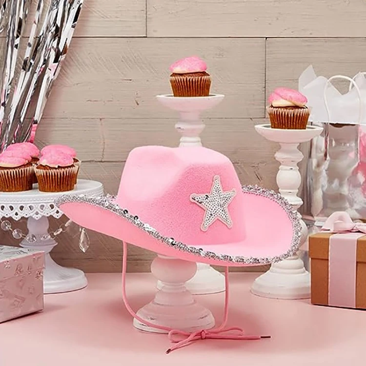 Hstyle Pink Felt Cowgirl Hat with Blinking Sequin Star