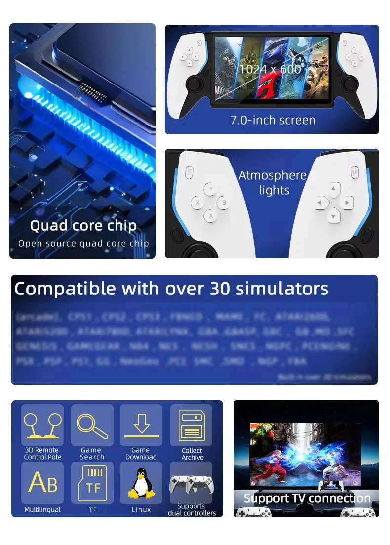 New 7 Inch Dual Joystick Retro Handheld Game Console Open-Source System 30+ Emulators RGB Light TV Out & 2-Player Support