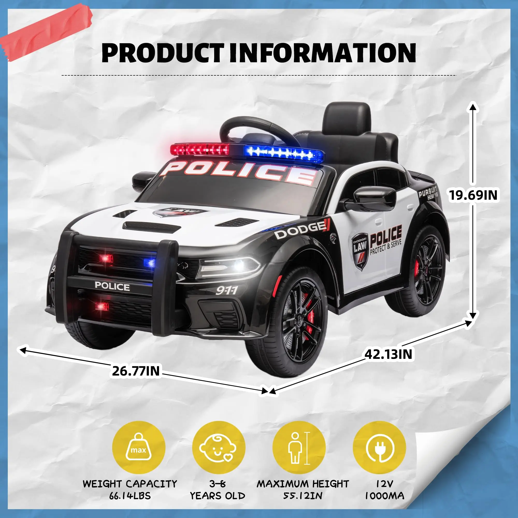 Licensed DODGE Kids Police Car 12V Electric Ride-On Toy with