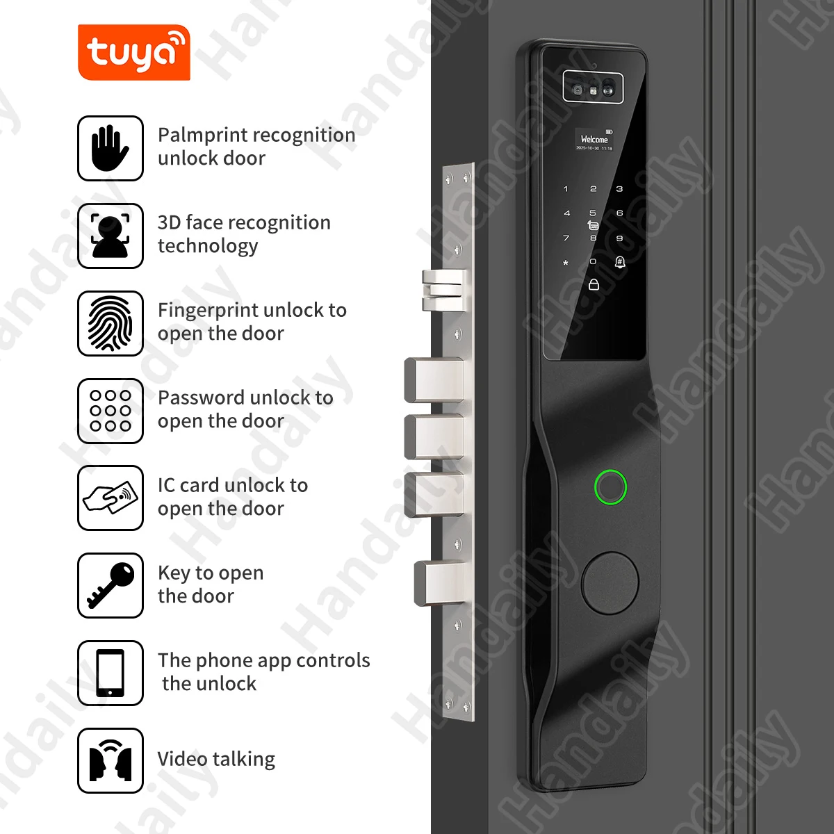 HanDaily Palm Vein Tuya Wifi Door Lock 3D Biometric Face ID Video Monitoring Intercom Digital Electronic Locks for Front Door DDL9