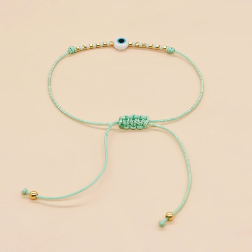 Go2boho Adjustable Rope Colorful Bead Evil Eye Bracelet Handmade 6mm White Round Glass Glass Eye Bead Bracelet
