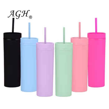 USA warehouse free shipping  BPA free acrylic matte double wall skinny straight plastic tumbler come with straw and lid