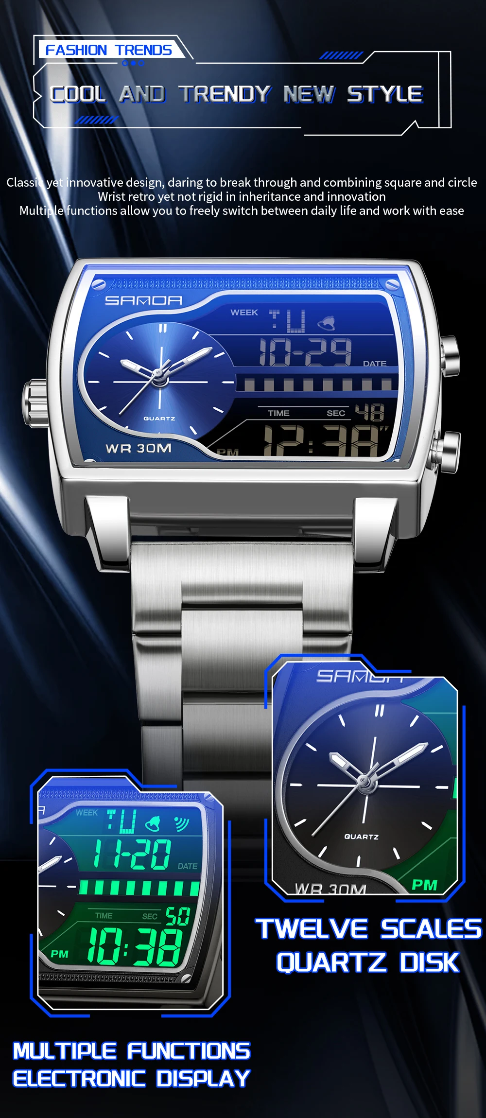 Sanda 6163 Multifunctional Luminous Waterproof Watch For Men