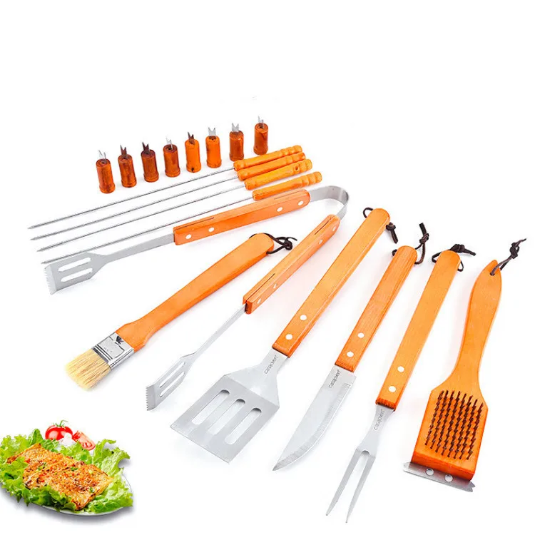 18pcs Wooden Handle Barbecue Utensil Grill Accessories BBQ Grilling Tools Set for Outdoor Camping supplier