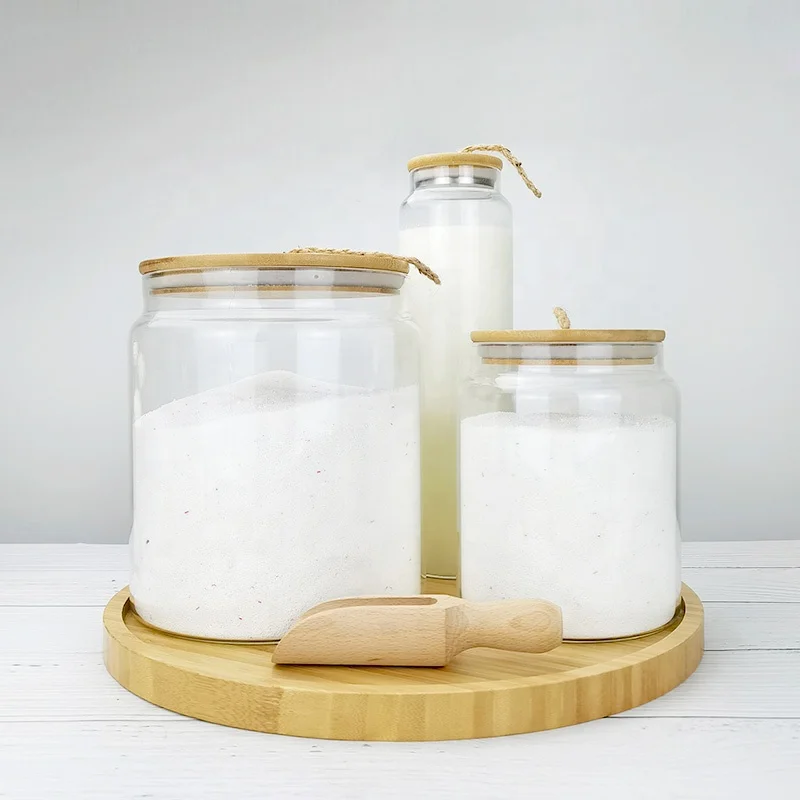 New design laundry & linen set glass storage jar set with twine lid & scoop & tray.jpg