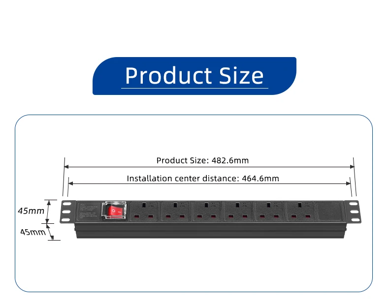 19 inch rack mounted pdu socket uk type 6 port aluminum shell on off