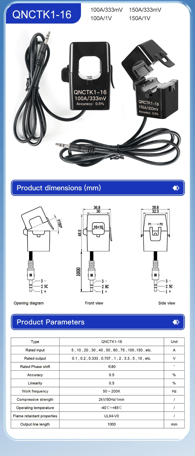 Split Core CT Current Transformer Factory QNCTK1-16 100A 333mV 60A 50A 1V 30A 3.33V 20A 5A 1A 0.333V AC Clamp on Current Sensor