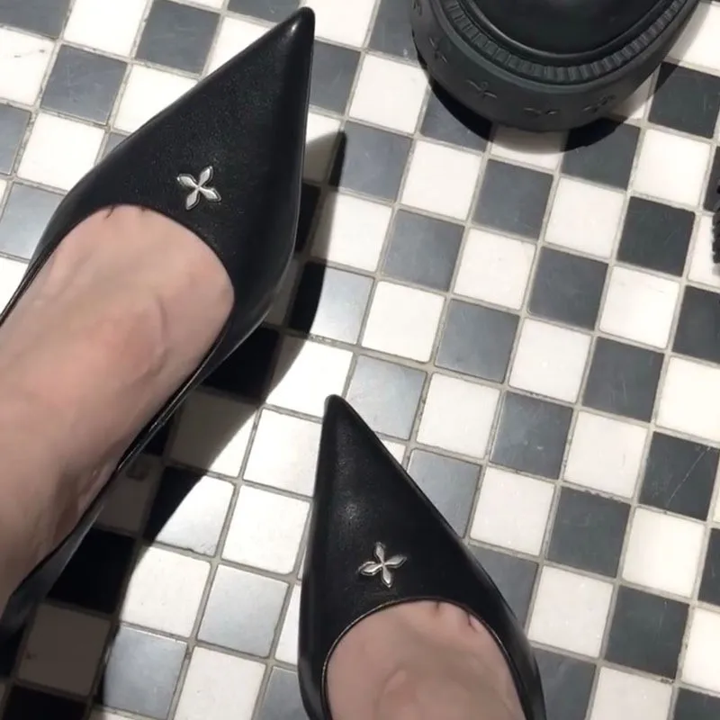 Fashion Slip On Pointed Toe Heeled With Decoration Summer Genuine Leather Women Casual High Heel Pumps - Image 3