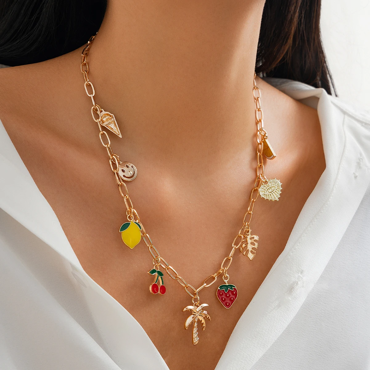 Bohemian Colorful Dripping Oil Fruit Coconut Tree Pendant Necklace for Women Creative DIY Boho Jewelry on Neck Accessories Gifts
