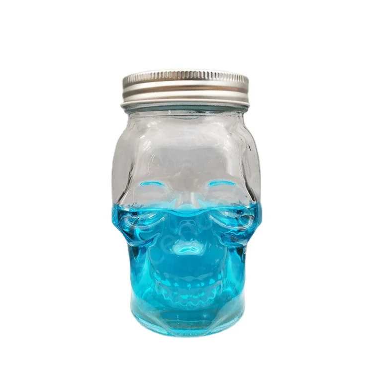 Custom Colored Skull Shape Glass Mason Jar 16OZ 500ml Glass Jar with Screw Metal Lid and Straw for Drinking