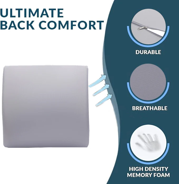 2024 Grey Relieve Back Pain Car Seat Back Support Memory Foam Lumbar Support Pillow Chair Backrest Back Cushion