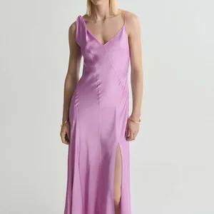 Custom Elegant Stylish Evening Party Satin Asymmetrical Sleeveless With Adjustment Strap Midi Slit Dress Women's Dress