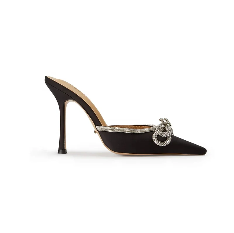 2024 musim panas mode desainer gaya Satin berlian imitasi busur dasi Mule  Heels sepatu untuk wanita alas kaki