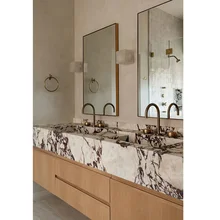 Artisan Customized Timber Veneer Vanity White and Brown Marble Counter On Washed Floating Sink Vanity