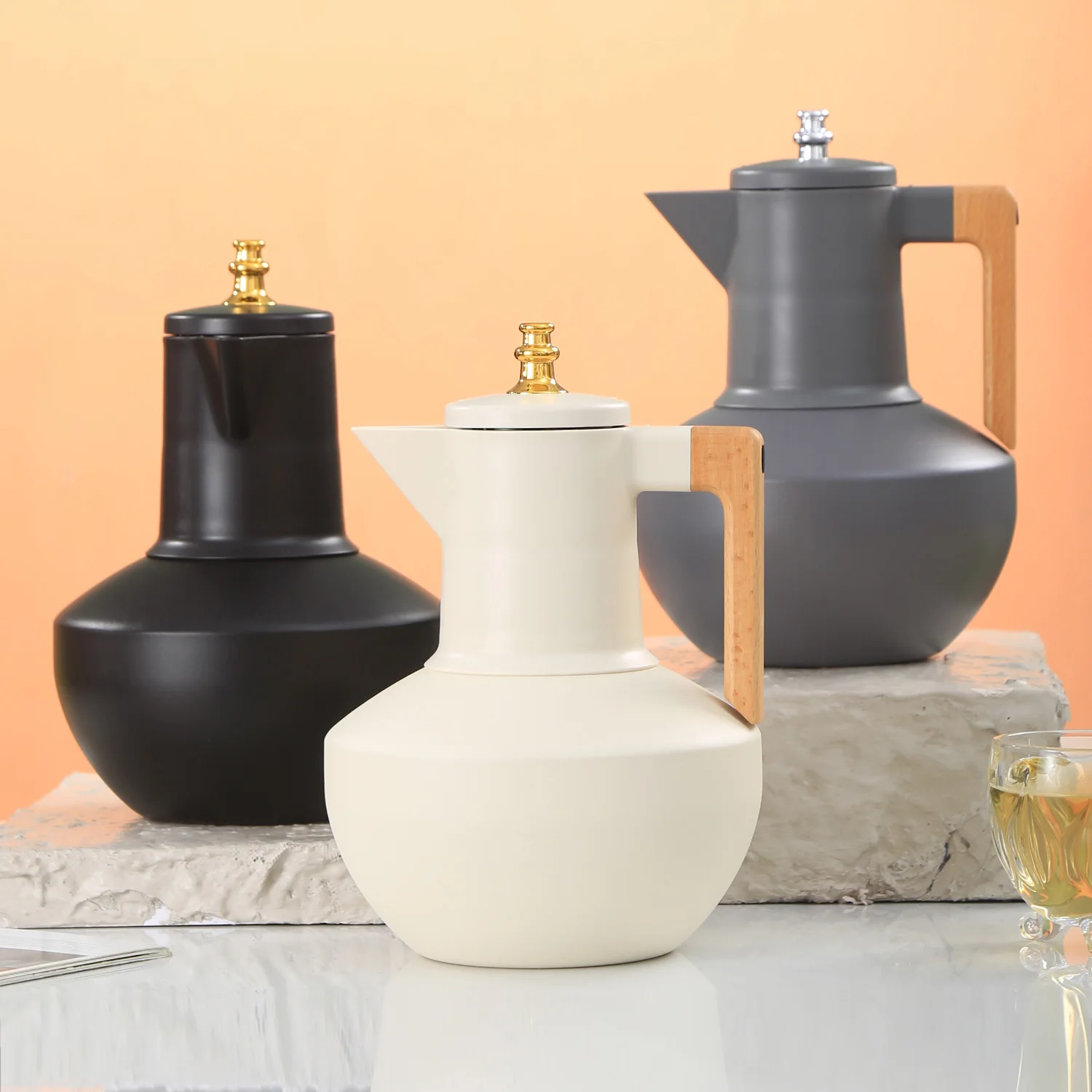 Thermal Coffee Carafe Teapot Arab Leakproof Vacuum Flask Water Kettle For Tea Coffee Hot Cold Party Living Room Black Gold(White Gold