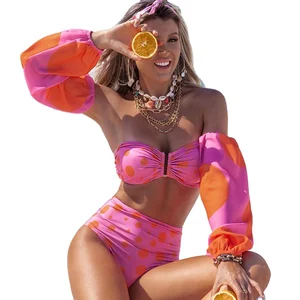 Latest Sexy High Waist Bikini Set Pink Dot Swimwear Women With Detachable Sleeve Bather Suit Beachwear Printed Biquini Female