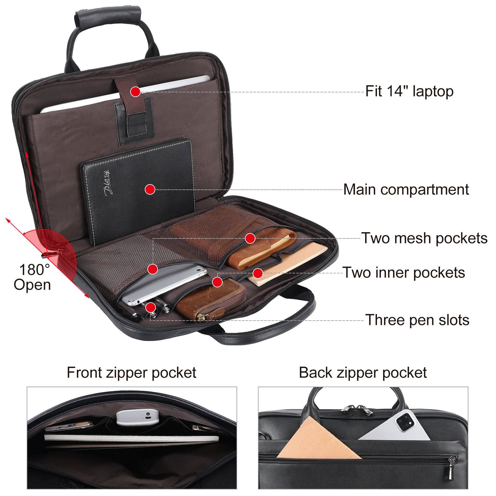 Black Full Grain Leather Cow Skin 14 Inches Case Messenger Business Bag Men Genuine Leather Computer Laptop Briefcases