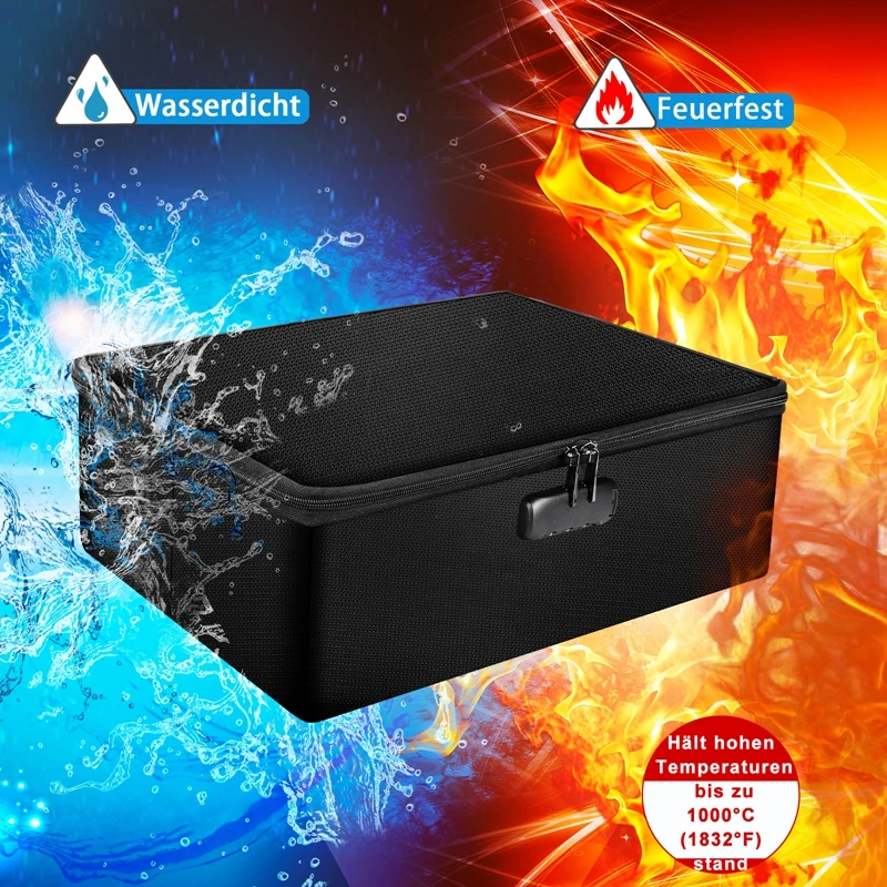 Black Organizer Boxes - Waterproof & Fireproof Document Bag with Lock
