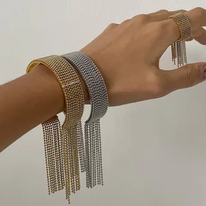 18K Gold Stainless Steel Adjustable Open Fringe Chain Tassel Cuff Bracelet Multi-Tier Beaded Bangle Jewelry Fashionable Cuff