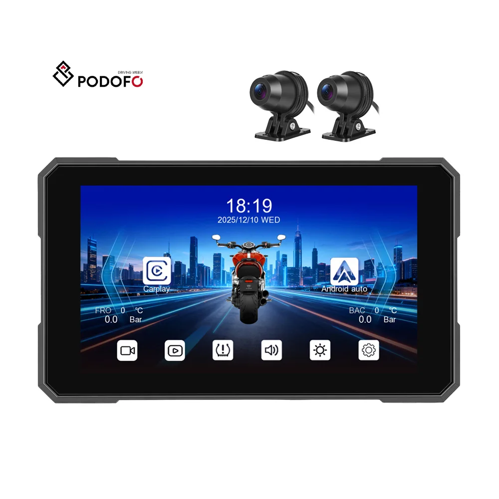 Podofo 5 inç Dokunmatik Ekranlı Motosiklet Baş Ünitesi, Kablosuz CarPlay/Android Auto/AirPlay, DVR Kamera Kaydı, IP67 Su Geçirmez, TPMS, OEM A4535
