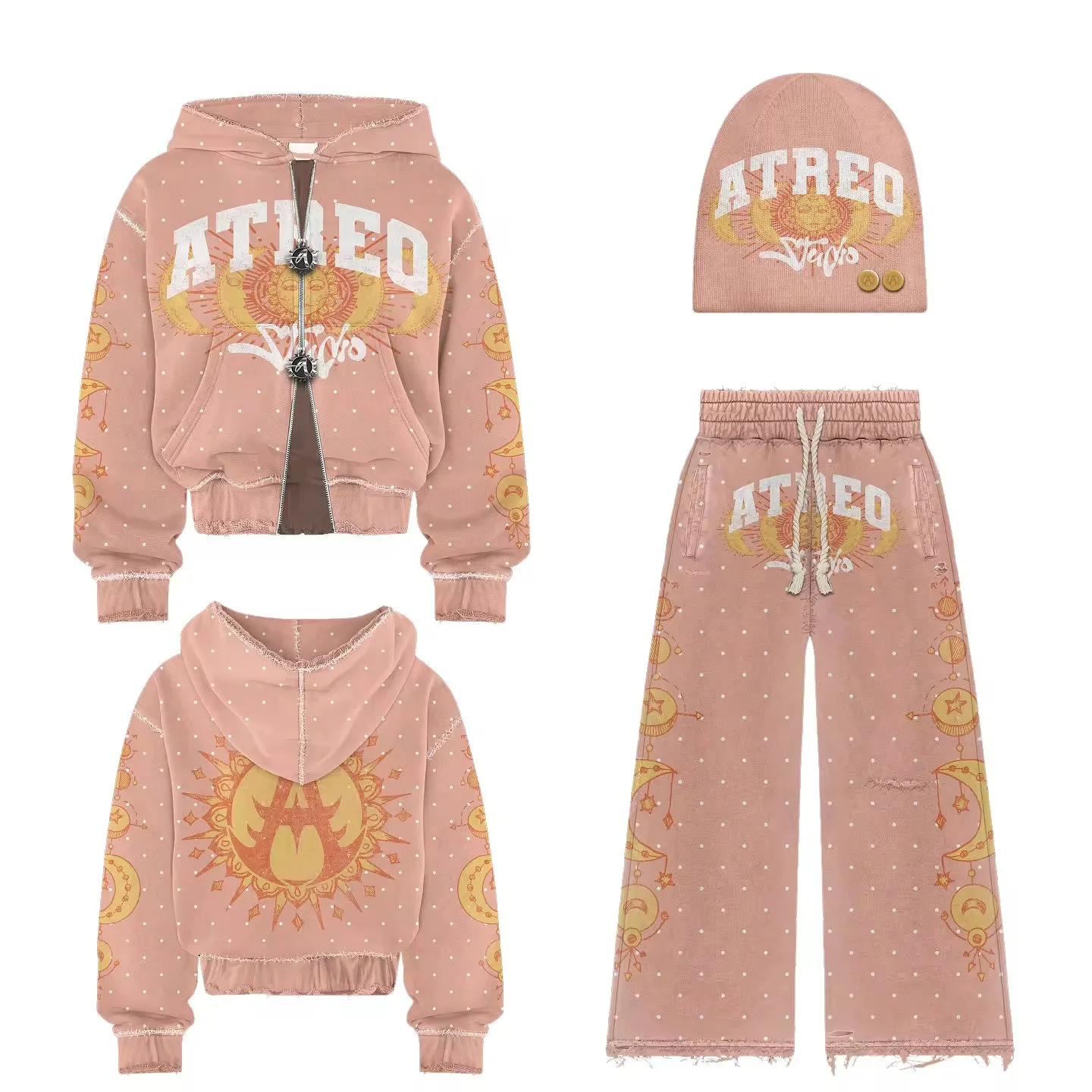 Custom Heavyweight Acid Wash Sun Faded Rhinestone Double Zipper Cropped Hoodie Streetwear Tracksuits Sweatpants and Hoodie Set gallery 5