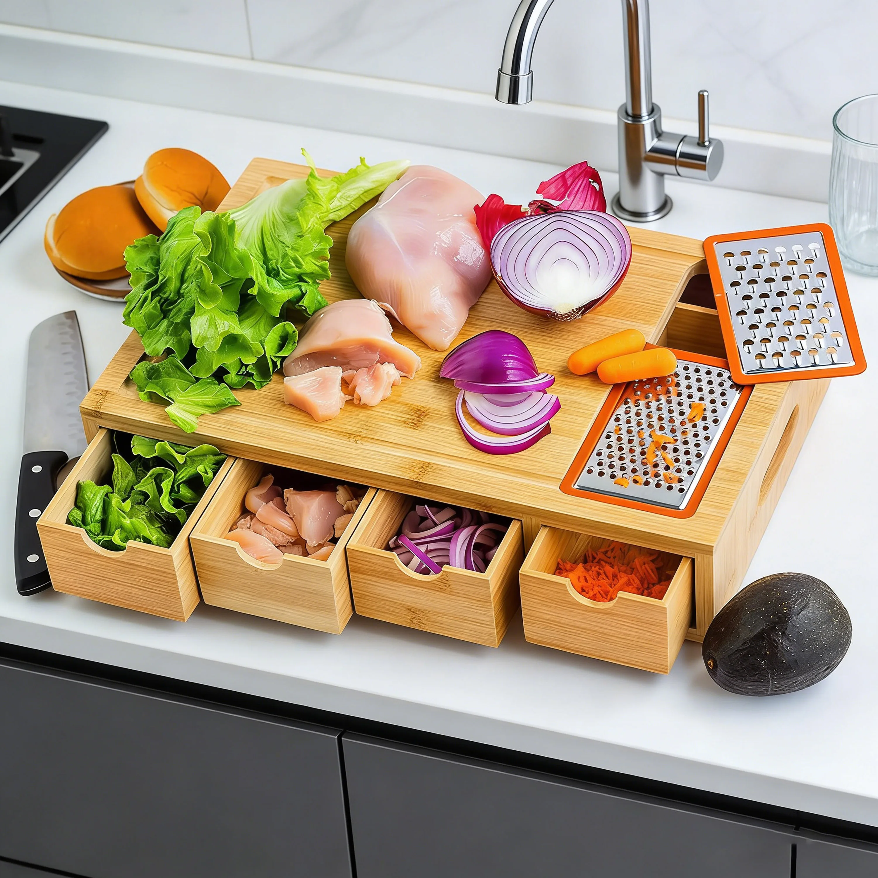 ZC Custom Bamboo Multifunctional Cutting Board with Storage Drawers & Built-in Graters Cutting Board with Containers for Kitchen