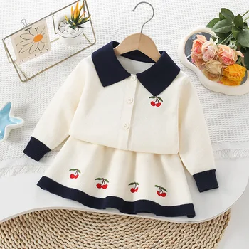 Girls Casual Solid Sweater Set Autumn and Winter New Baby Girl Clothing Set Knitted Skirt College Style Baby Suit