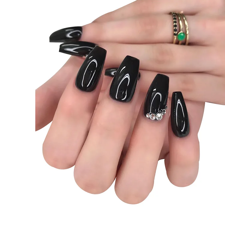 Customize High Quality Transparent Background Black love Pattern Glossy Black Artificial Fingernail  3d Rhinestones False Nails