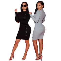 women clothing long sleeve solid color bodycon slim personality single breasted casual dress for ladies FM-LS6320