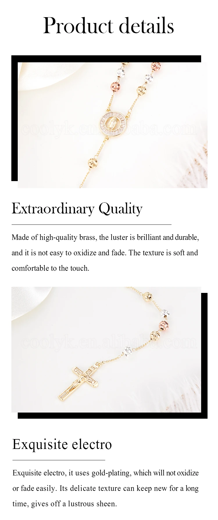 Fn7017 Oro Laminado Tricolor Rosary Beads Virgin Mary Cross Charms 14k