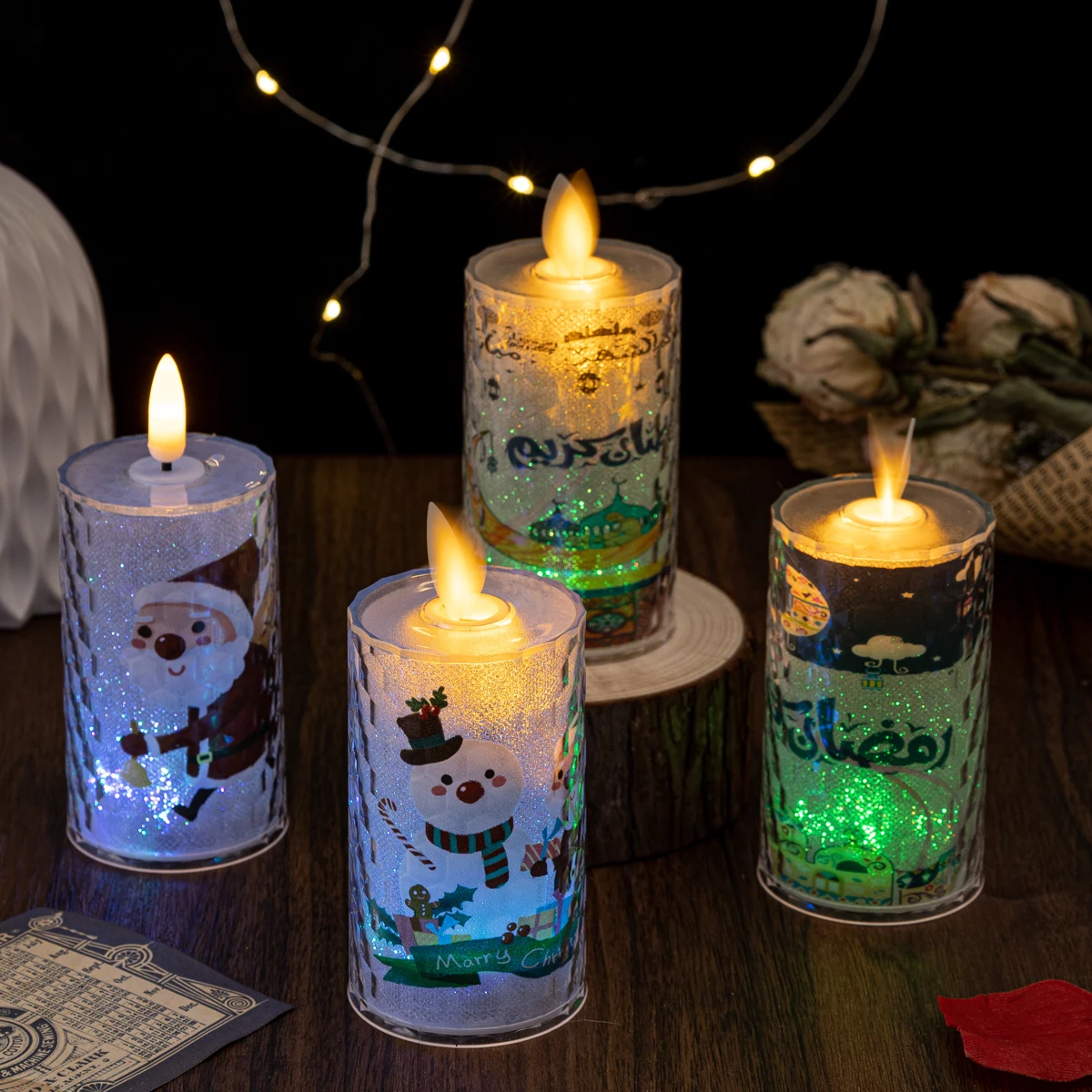 Transparent plastic honeycomb candles can be customized Halloween Ramadan Christmas prints colorful lights flameless LED candles