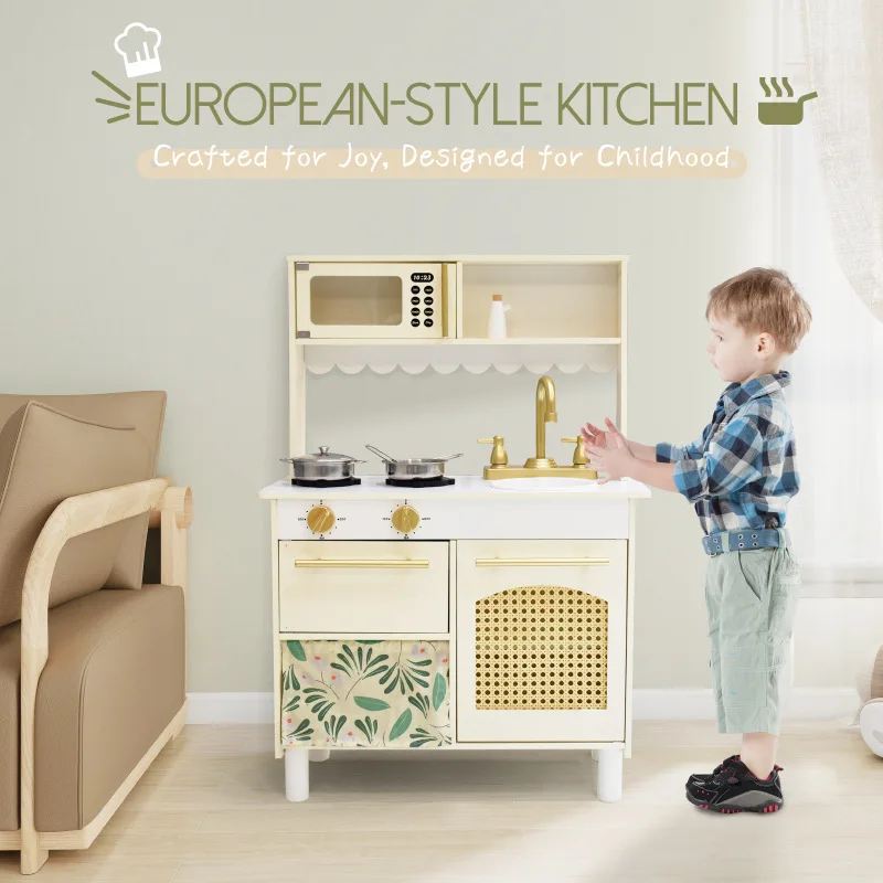 Wooden Kitchen Toy Set for Ages 2-7 Realistic Cooking Utensils Interactive Stove with Lights & Sounds Unisex Children's Play Set