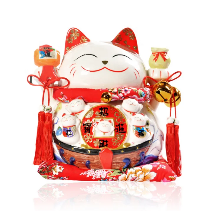 New Year Custom LOGO Porcelain 11 Inches Large Big Size Wealth Waving Hand  Ceramic Lucky  Fortune Cat Coin Piggy Bank